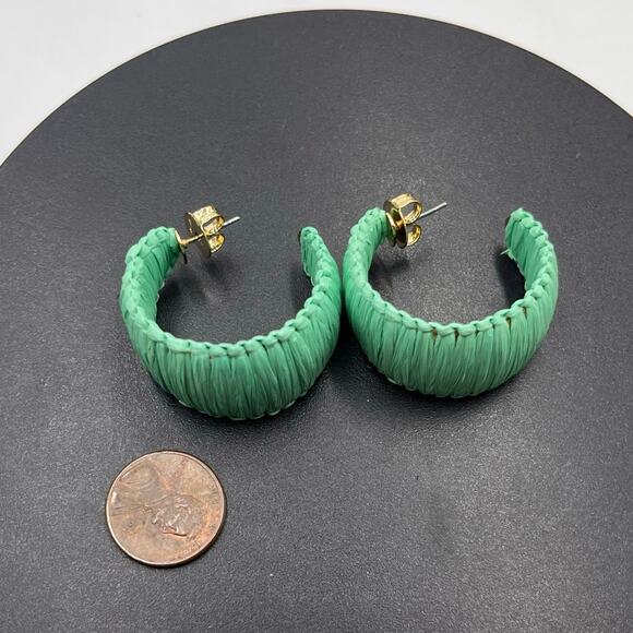 Shashi Designer Naija Raffia Wrapped Green Gold Plated Hoop Earrings - Picture 7 of 8